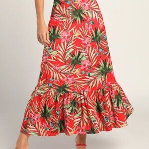 Lulu's Red Tropical Maxi Skirt